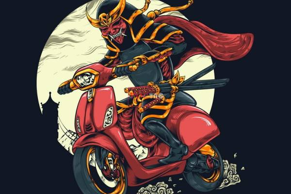 武士摩托车印花图案服装裁片T恤卫衣烫图印花花型素材