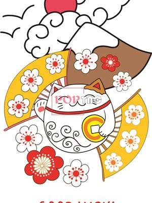 日式风卡通招财猫字母印花图案服装裁片T恤卫衣烫图印花花型素材