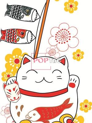 日式风卡通招财猫印花图案服装裁片T恤卫衣烫图印花花型素材