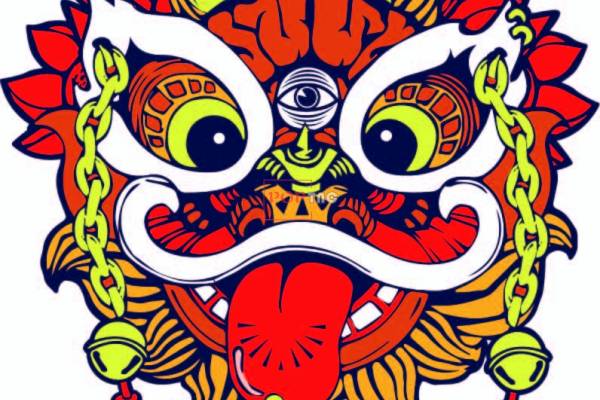 卡通图案国潮风舞狮印花图案服装裁片T恤卫衣烫图印花花型素材