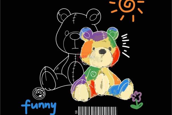 卡通动物多彩玩具熊字母印花图案服装裁片T恤卫衣烫图印花花型素材
