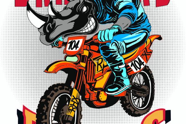 卡通动物犀牛字母摩托车印花图案服装裁片T恤卫衣烫图印花花型素材