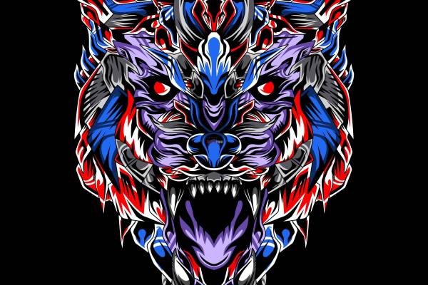 多彩狼图腾印花图案服装裁片T恤卫衣烫图印花花型素材