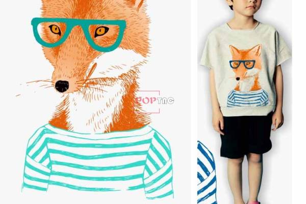 卡通动物狐狸条纹衫印花图案服装裁片T恤卫衣烫图印花花型素材