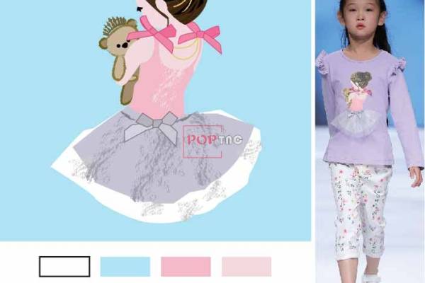 卡通人物小女孩小熊印花图案服装裁片T恤卫衣烫图印花花型素材