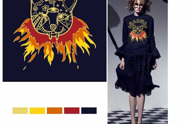 动物猫咪火焰印花图案服装裁片T恤卫衣烫图印花花型素材