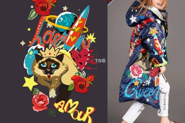 卡通动物猫咪字母火箭玫瑰花印花图案服装裁片T恤卫衣烫图印花花型素材