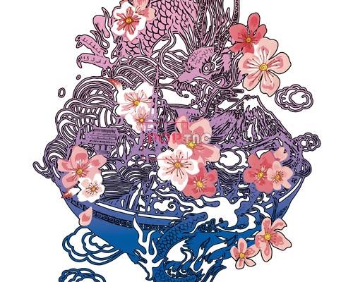 中国李宁龙桃花印花图案服装裁片T恤卫衣烫图印花花型素材