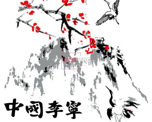 中国李宁水墨仙鹤傲梅印花图案服装裁片T恤卫衣烫图印花花型素材