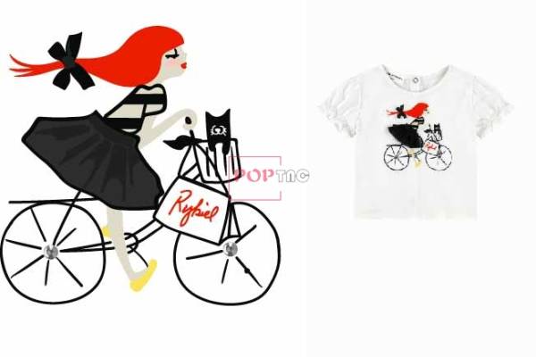 卡通小女孩自行车印花图案服装裁片T恤卫衣烫图印花花型素材