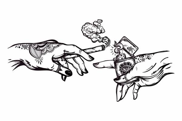 人物手掌香烟打火机印花图案服装裁片T恤卫衣烫图印花花型素材