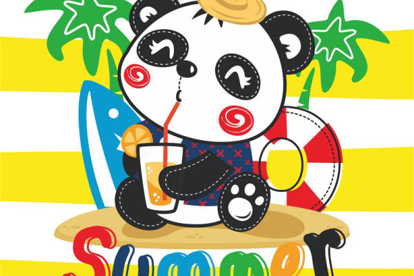 卡通熊猫字母儿童印花图案服装裁片T恤卫衣烫图印花花型素材