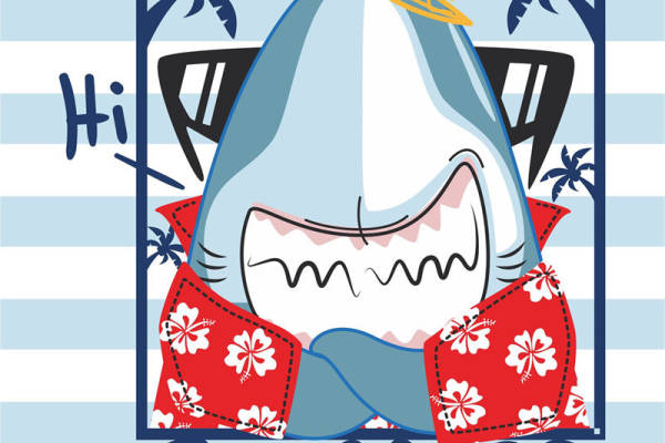 卡通动物鲨鱼儿童印花图案服装裁片T恤卫衣烫图印花花型素材