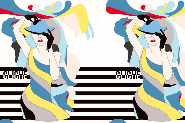 黑白条纹卡通女士人物印花服装纺织数码印花花型素材