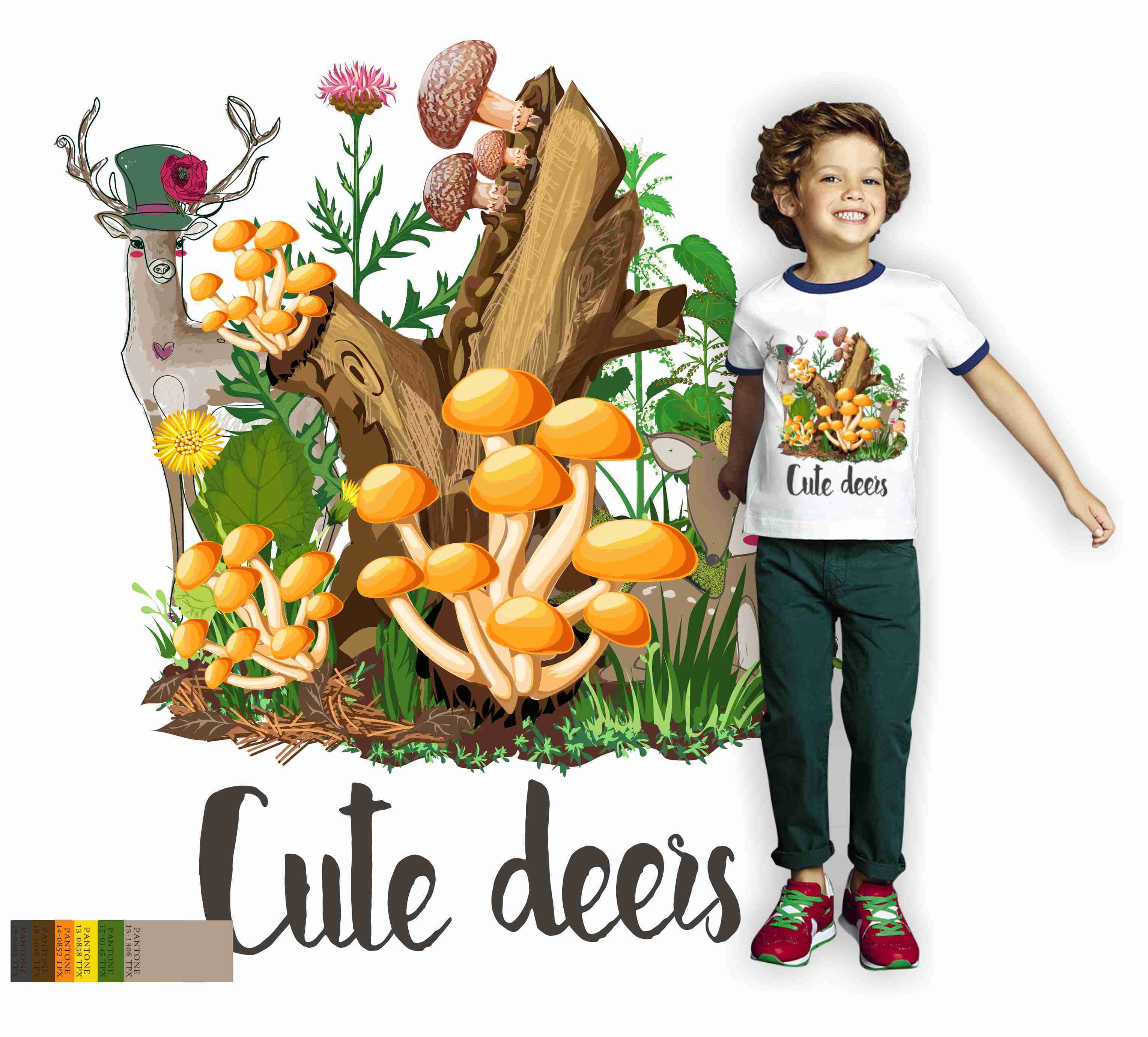 植物蘑菇小鹿印花图案服装裁片T恤卫衣烫图印花花型素材