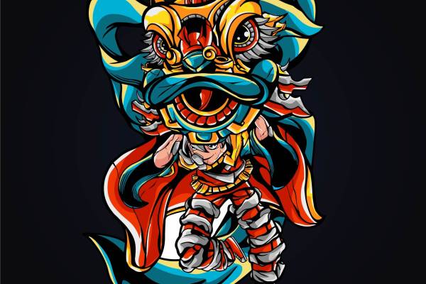 国潮舞狮印花图案服装裁片T恤卫衣烫图印花花型素材