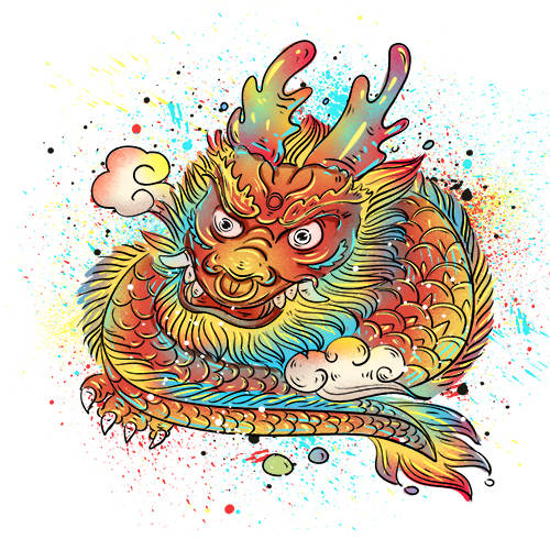 色彩涂鸦卡通龙印花图案服装裁片T恤卫衣烫图印花花型素材