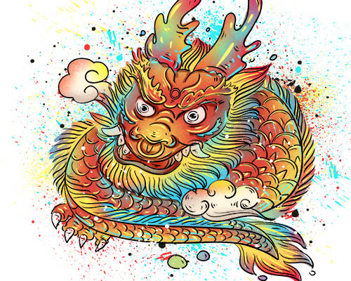 色彩涂鸦卡通龙印花图案服装裁片T恤卫衣烫图印花花型素材