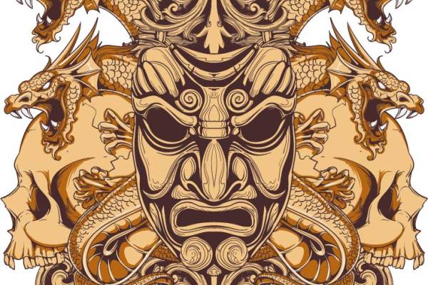 几何图案面具恶龙印花图案服装裁片T恤卫衣烫图印花花型素材