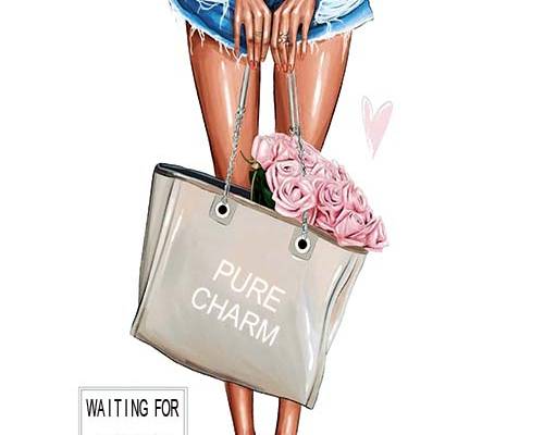 人物女孩包包玫瑰花字母印花图案服装裁片T恤卫衣烫图印花花型素材