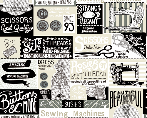 复古字母缝纫机纽扣印花图案服装纺织数码印花花型素材