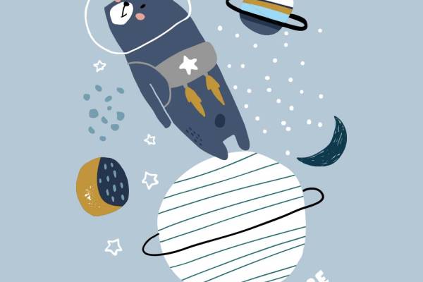 卡通太空熊字母印花图案服装裁片T恤卫衣烫图印花花型素材