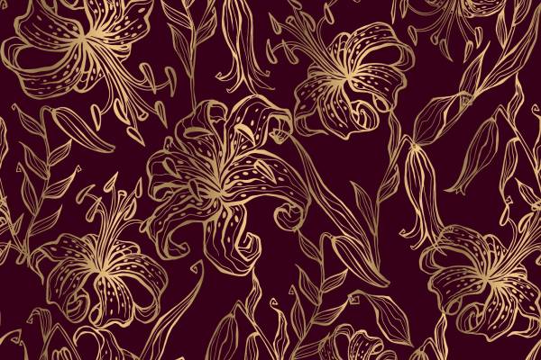 金色线条植物花朵印花图案服装纺织数码印花花型素材