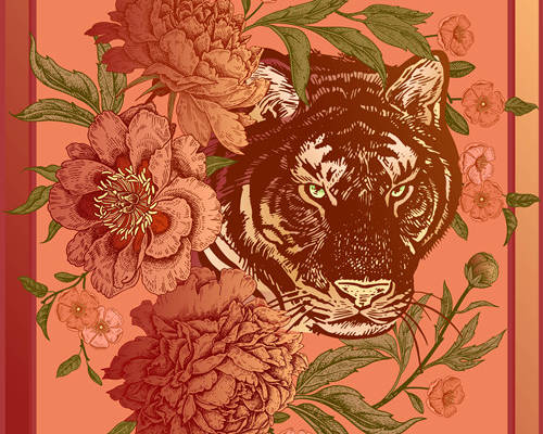 老虎牡丹花丝巾数码印花素材