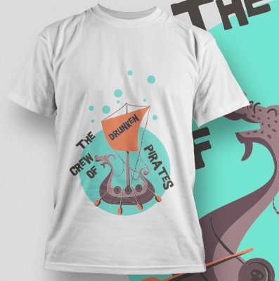 卡通帆船字母T恤印花花型素材