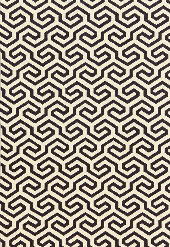 Ming Fret / Cerise /// Traditional Chinese fretwork designs inspired this mazelike pattern. A raised, textured weave of cotton yarns contrast with a linen and cotton ground in shades of Cerise, Noir and Flax. A soft, tumbled finish enhances the fabric’s heavy, rich weight.