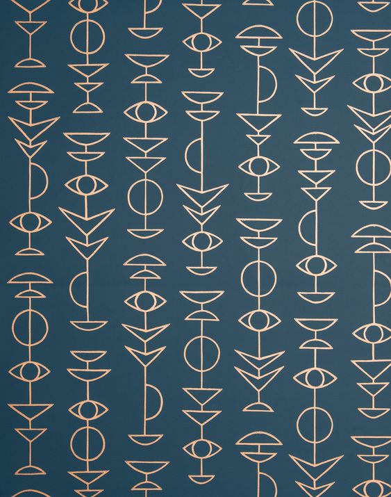 Overview Inspired by geometry, elementary shapes and ancient symbols, the design creates vertical repeating hieroglyphs. The bold graphic pattern is highlighted by metallic inks and the tactile finish of a rich surface print technique. All MissPrint patterns were originally drawn by hand and developed in their own studio. Measurements• Each roll is 20.5″ wide x 11 yards long• Repeat: 20.5″, half drop Additional Notes • 2-3 week lead time. • This is a ‘non-woven’ type wallpaper, which is highly d