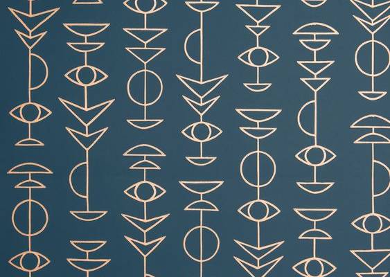 Overview Inspired by geometry, elementary shapes and ancient symbols, the design creates vertical repeating hieroglyphs. The bold graphic pattern is highlighted by metallic inks and the tactile finish of a rich surface print technique. All MissPrint patterns were originally drawn by hand and developed in their own studio. Measurements• Each roll is 20.5