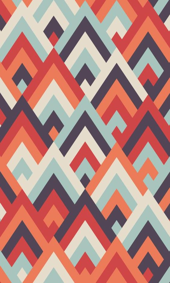 This geometric art deco inspired wallpaper mural features triangular shapes aligned and layered to create a pattern that resembles 2-dimensional mountains. The contrast of the warm and cool colours creates a retro feeling that pops off the wall.