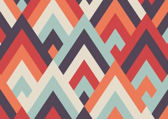 This geometric art deco inspired wallpaper mural features triangular shapes aligned and layered to create a pattern that resembles 2-dimensional mountains. The contrast of the warm and cool colours creates a retro feeling that pops off the wall.