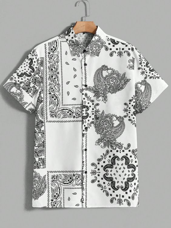Black and White Boho Collar Short Sleeve Woven Fabric Paisley,Scarf Print Shirt Embellished Non-Stretch  Men Clothing