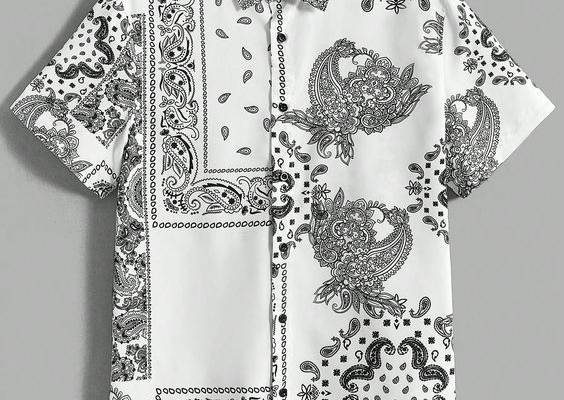 Black and White Boho Collar Short Sleeve Woven Fabric Paisley,Scarf Print Shirt Embellished Non-Stretch  Men Clothing