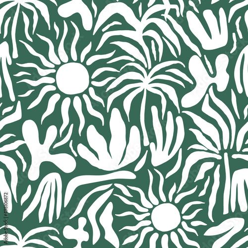 Stock Image: Seamless abstract pattern with sun, palm tree, leaves. Summer sunset texture. Vector illustration