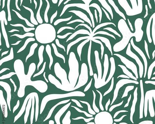 Stock Image: Seamless abstract pattern with sun, palm tree, leaves. Summer sunset texture. Vector illustration