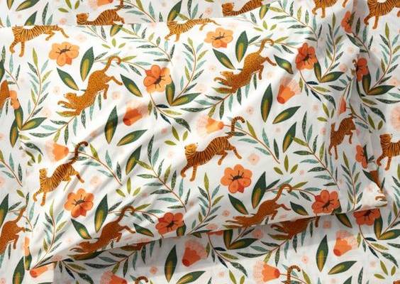 Big cats stalk gracefully amidst oversized plant life, stopping to smell all the prettiest flowers on our Marrakech Tiger Pillowcase. Illustrated in a modern palette of olive green, shades of teal and peachy pinks, the colorful jungle scene pops against the bright white background. Perfect for young adventurers, this organic cotton pillowcase cleans up easily in the washing machine. To complete the look, add the other bedding in our exclusive Marrakech Tiger collection.Pillowcase with tiger patt