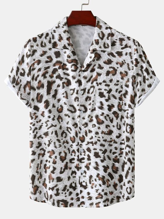 Multicolor Street Collar Short Sleeve Fabric Leopard Print Shirt Embellished Non-Stretch Summer Men Clothing