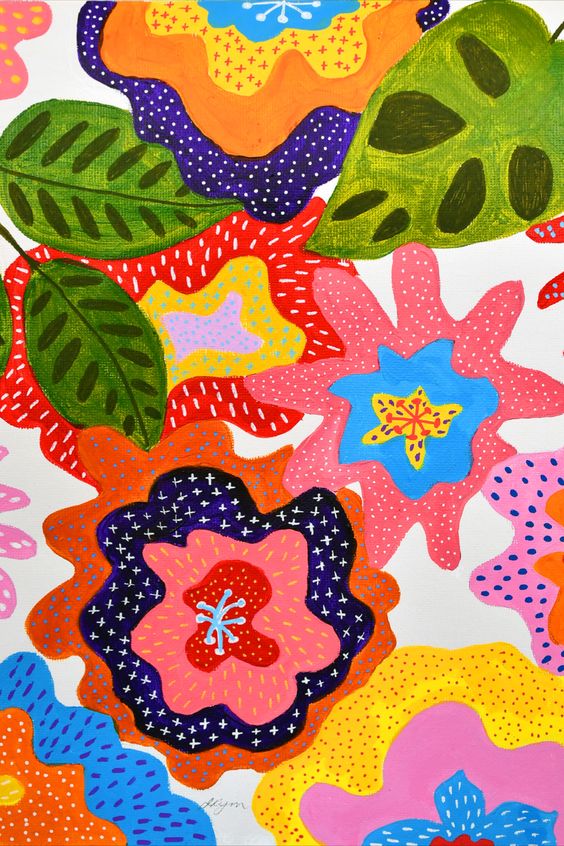 其中包括：Colourful bold original hand painted floral abstract design used as a surface pattern for cushions, stationery notebooks tea towels scarves