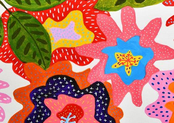 其中包括：Colourful bold original hand painted floral abstract design used as a surface pattern for cushions, stationery notebooks tea towels scarves