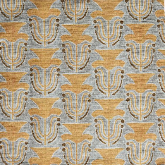 其中包括：Fabric swatch with a stamped painted floral motif in yellow and brown on a grey background