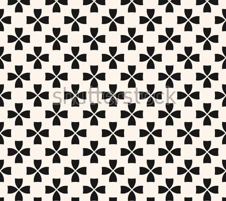 Simple vector floral seamless texture. Black and white geometric pattern with small flower silhouettes. Abstract monochrome background. Minimalist repeat design for decor, wallpaper, fabric, clothing