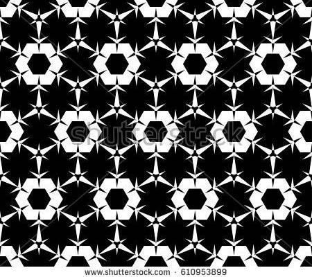 Vector monochrome texture, geometric seamless pattern. Black and white illustration with frosty figures, linear shapes, triangles, hexagons. Abstract ornamental background. Design for prints, decor