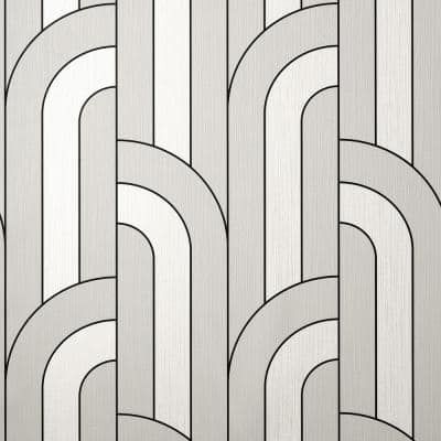 This arched, Art Deco-inspired wallpaper is a perfect blend of retro and modern. The staggered columns of arches alternate between shades of silver and grey, with prominent black outlines adding to its graphic look. Ezra is an unpasted, expanded vinyl wallpaper.
