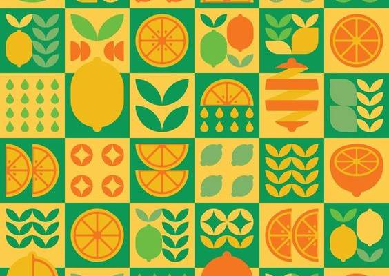 Abstract artwork of lemon fruit icon symbol. Simple vector art, geometric illustration of colorful citrus, oranges, limes, lemonade and leaves. Minimalist flat modern seamless pattern design.