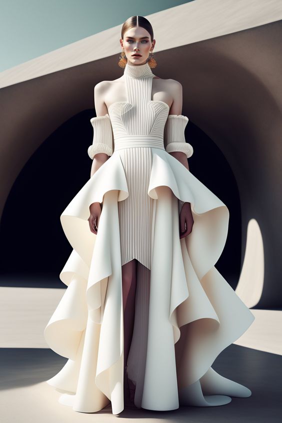 Lexica – Hyperrealistic Haute Couture Fashion Model wearing summer outfit by hm in the style of Kinfolk Magazine in front of architecture by Zaha Ha…