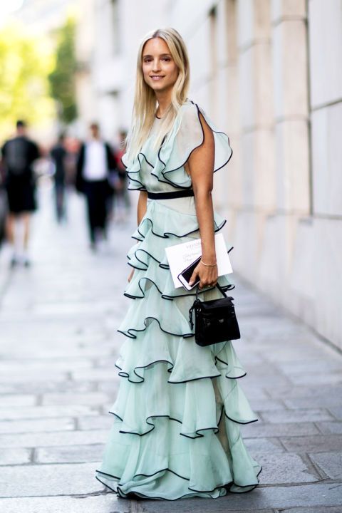 Fashion blogger Charlotte G. of Fashion Guitar wearing a light blue and black ruffled gown and a mini black satchel at Fall 2016 Paris Couture Week.