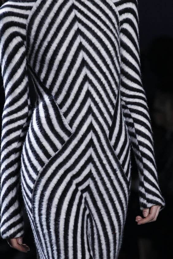 fuzzy form fitting dress || black   white stripes w/ triangular panels || Haider Ackermann Fall 2016 RTW, runway detail